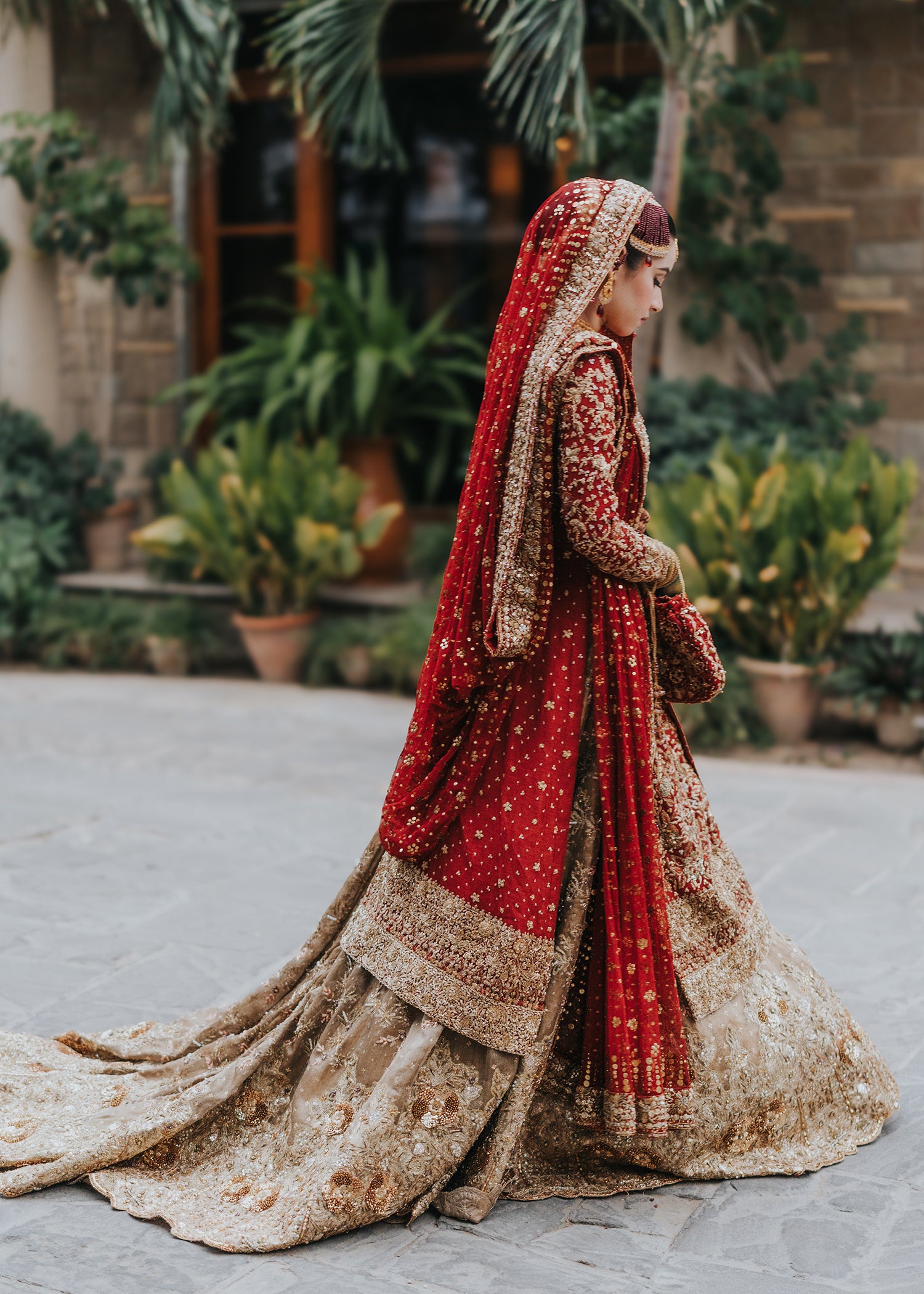 Deep Red Gold Embellished Silk Bridal Lehenga (3-Piece) - Image 4