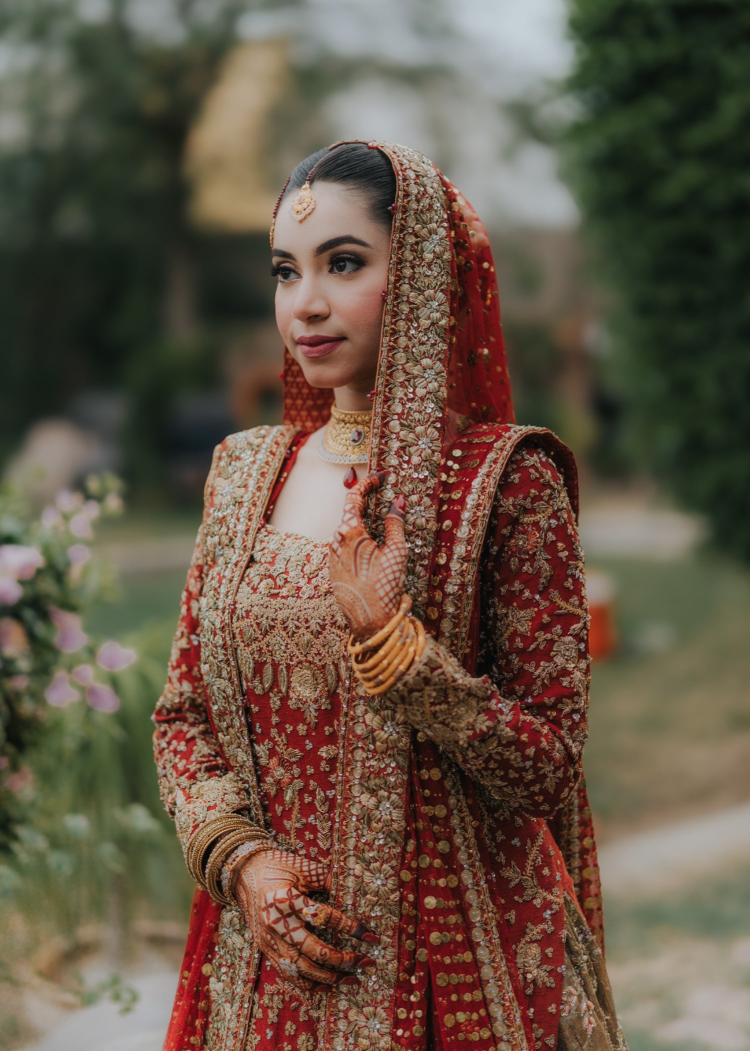 Deep Red Gold Embellished Silk Bridal Lehenga (3-Piece) - Image 5