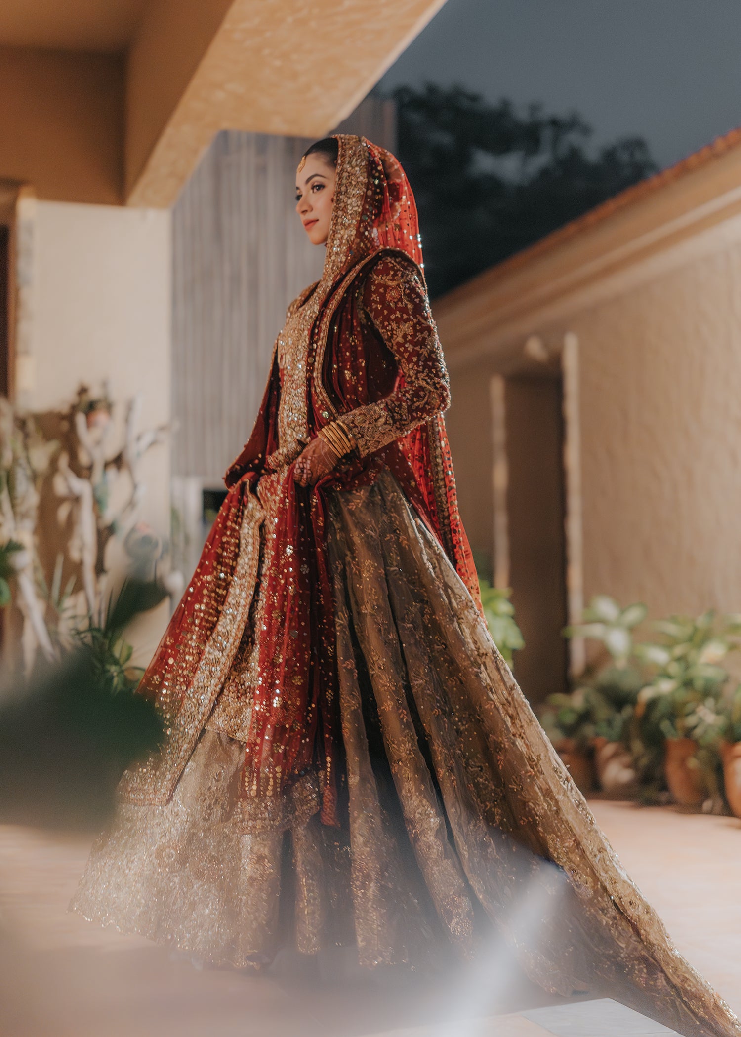 Deep Red Gold Embellished Silk Bridal Lehenga (3-Piece) - Image 6