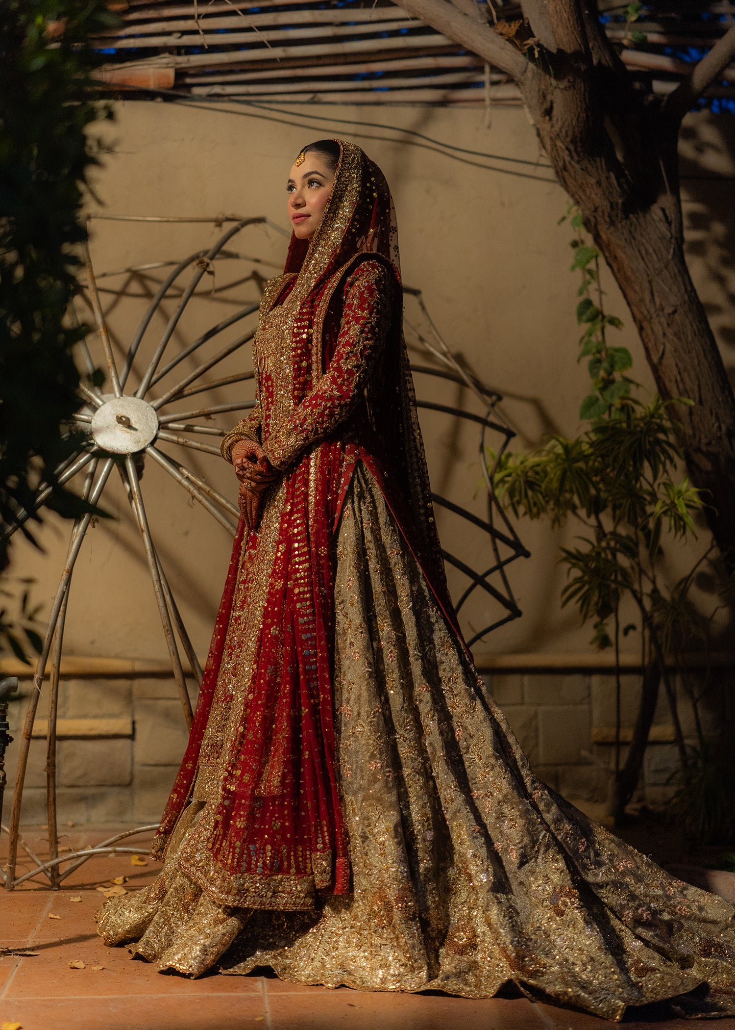 Deep Red Gold Embellished Silk Bridal Lehenga (3-Piece) - Image 7