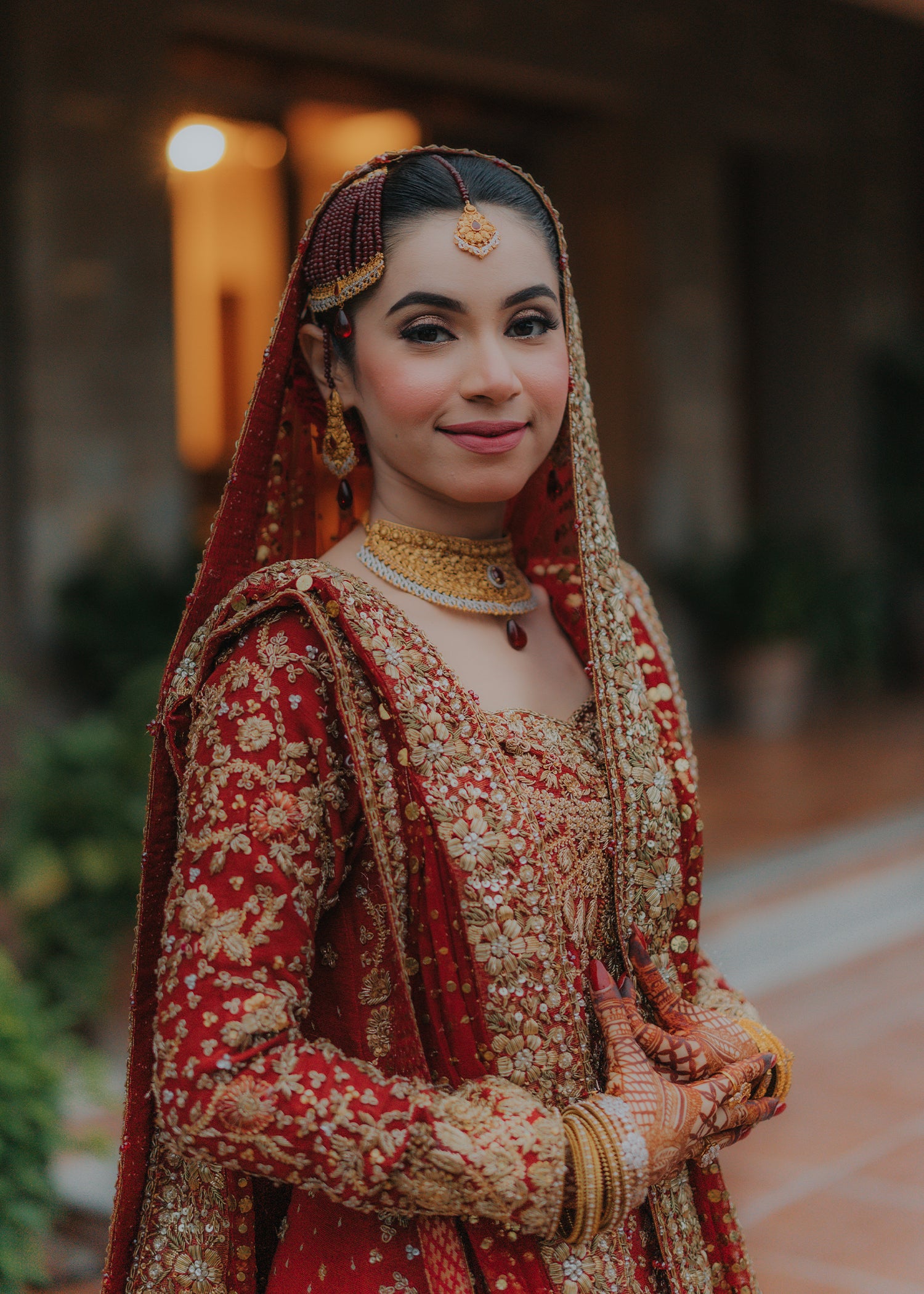 Deep Red Gold Embellished Silk Bridal Lehenga (3-Piece) - Image 8