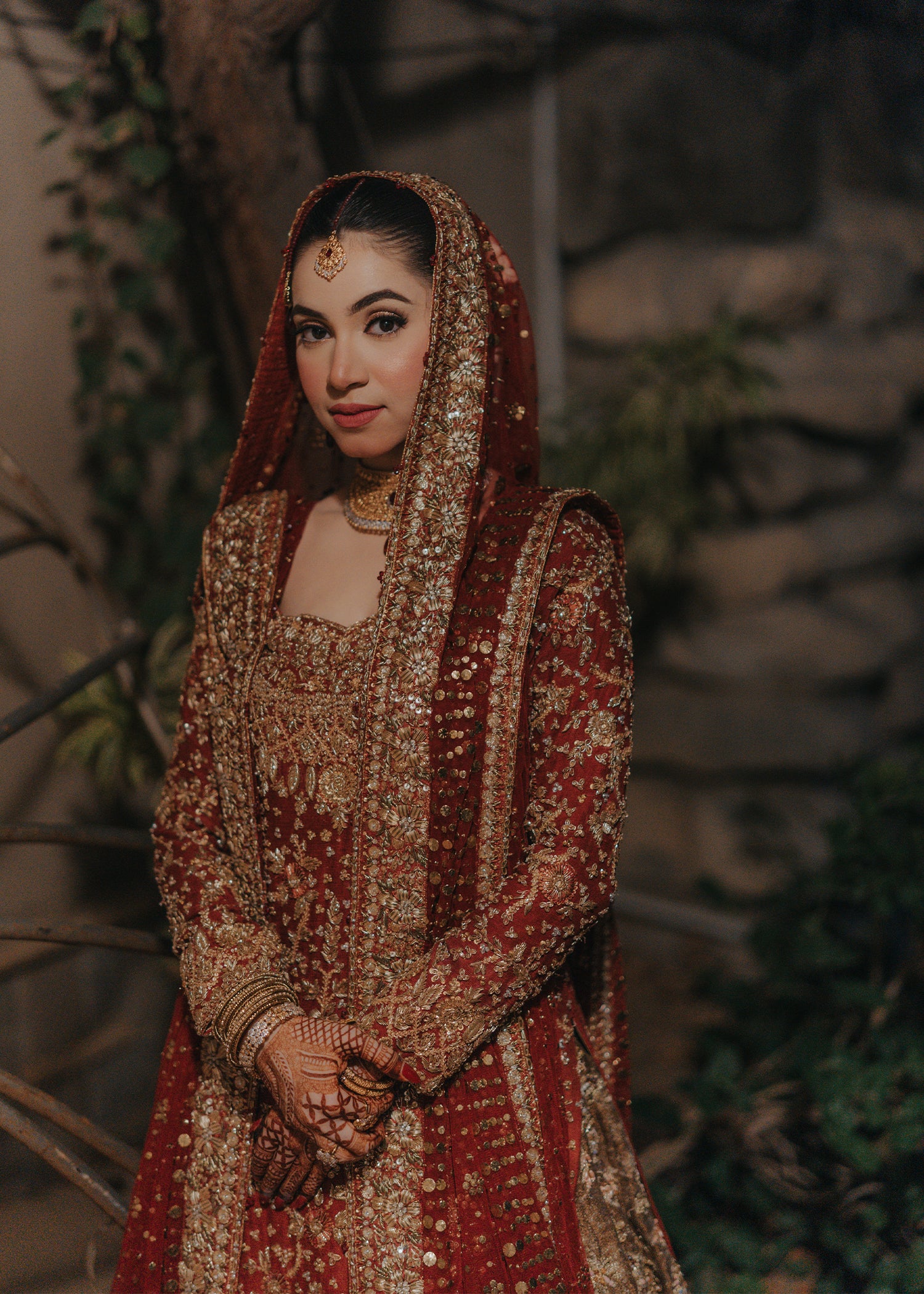 Deep Red Gold Embellished Silk Bridal Lehenga (3-Piece) - Image 9