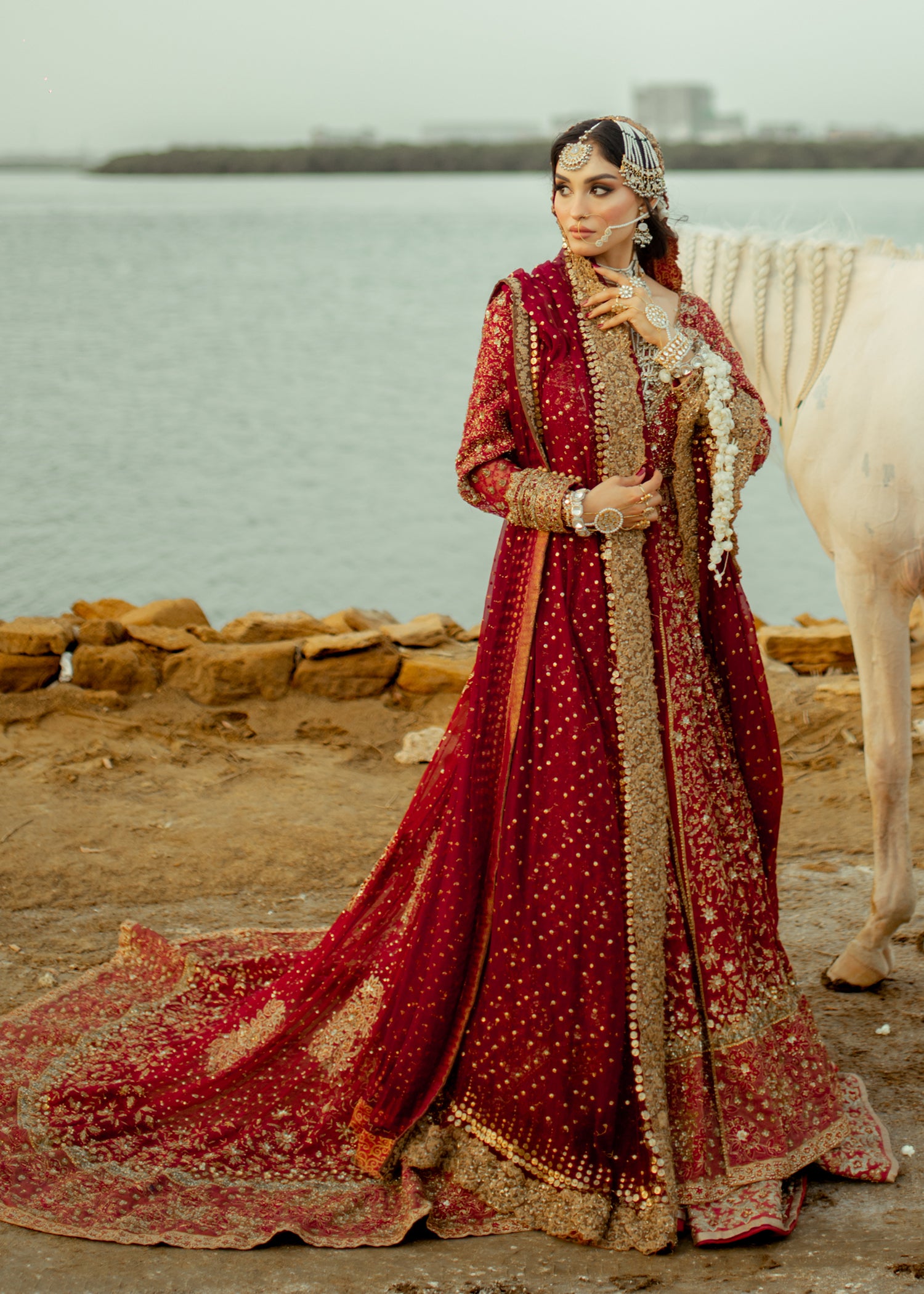 Deep Red Zardozi Silk Bridal Lehenga (3-Piece) - Image 1