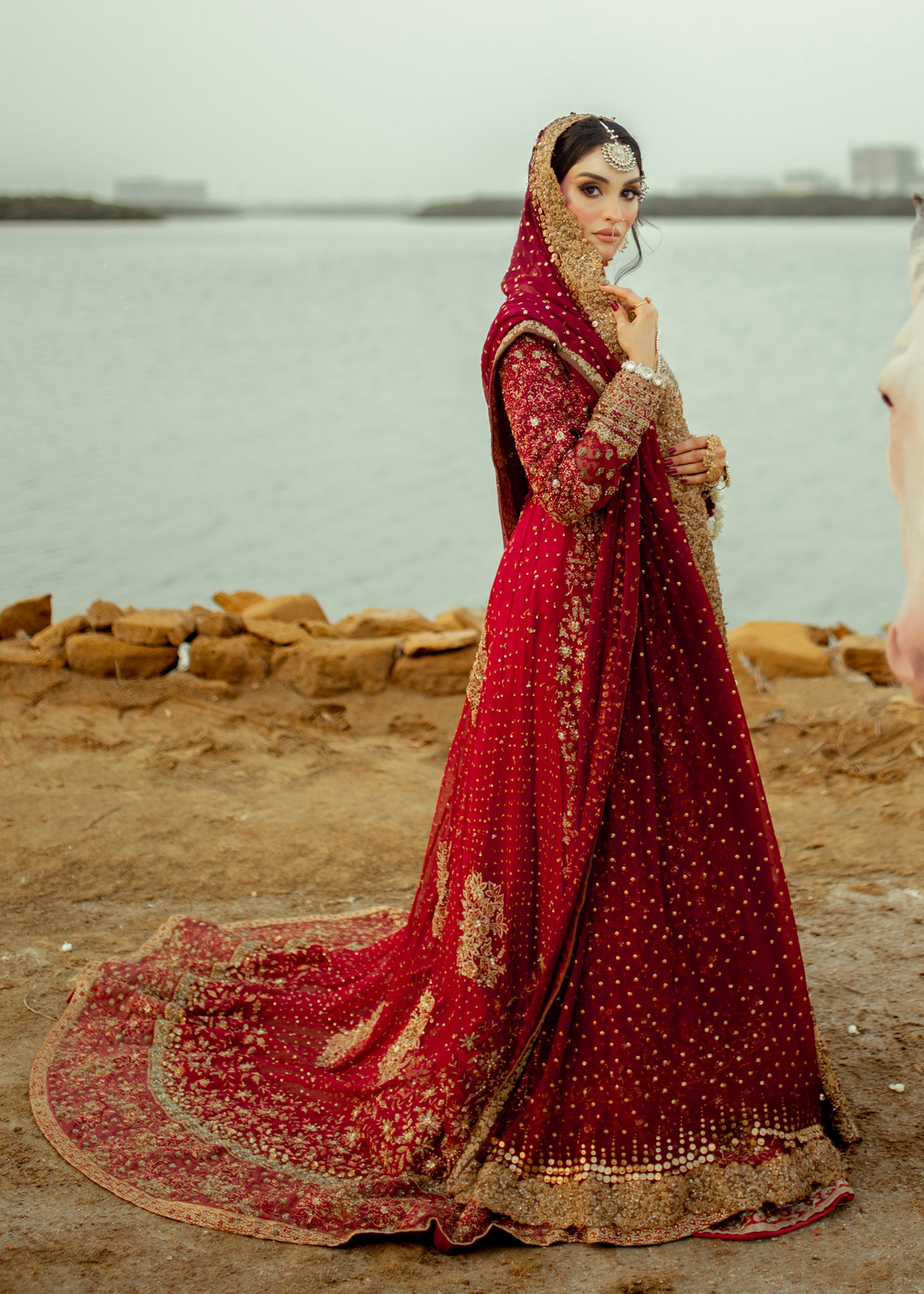 Deep Red Zardozi Silk Bridal Lehenga (3-Piece) - Image 2