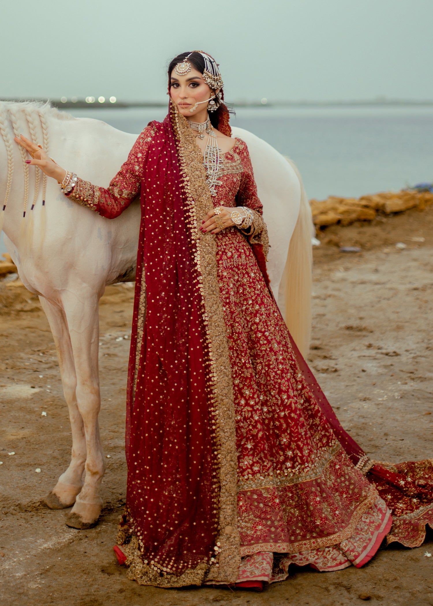 Deep Red Zardozi Silk Bridal Lehenga (3-Piece) - Image 3
