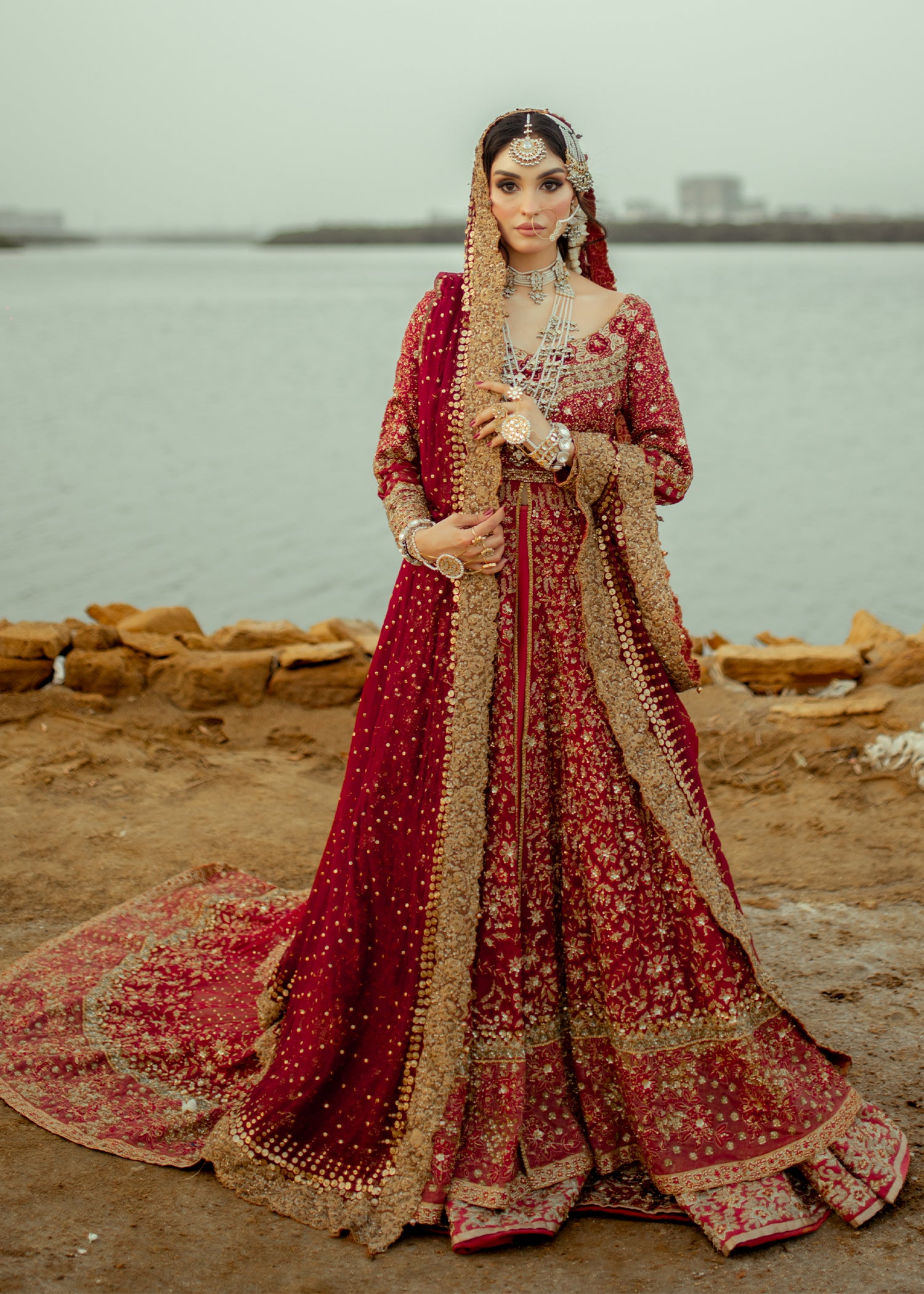 Deep Red Zardozi Silk Bridal Lehenga (3-Piece) - Image 4