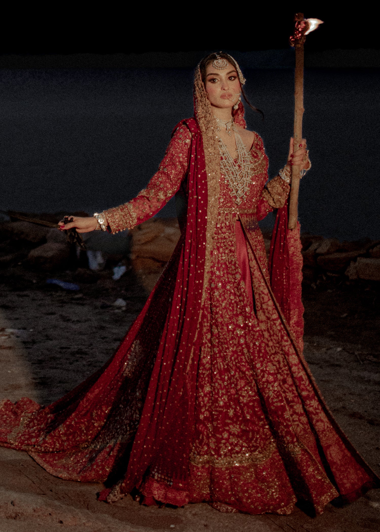 Deep Red Zardozi Silk Bridal Lehenga (3-Piece) - Image 5
