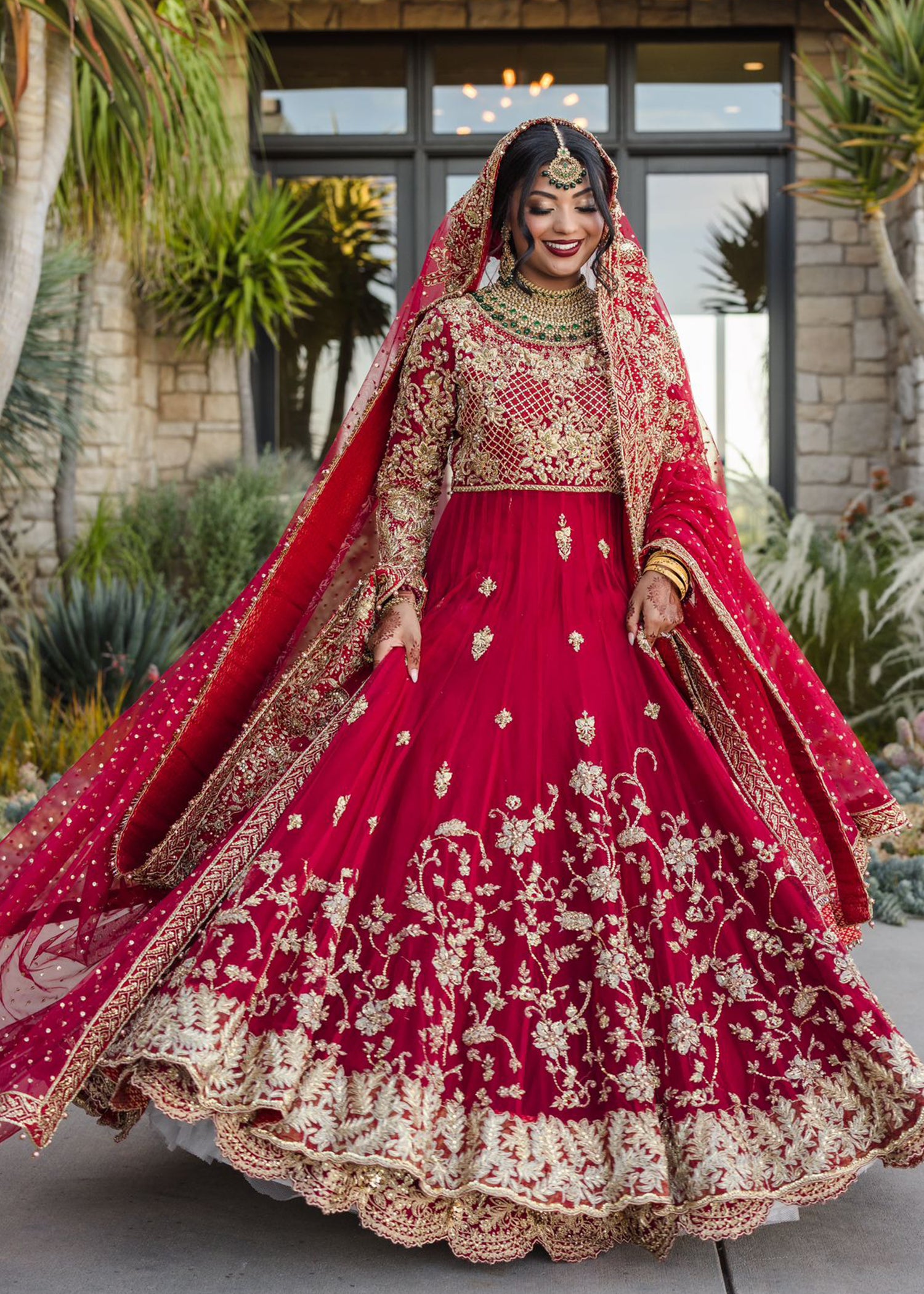 Pakistani Deep Red Embroidered Silk Bridal Lehenga (3-Piece) - Image 1
