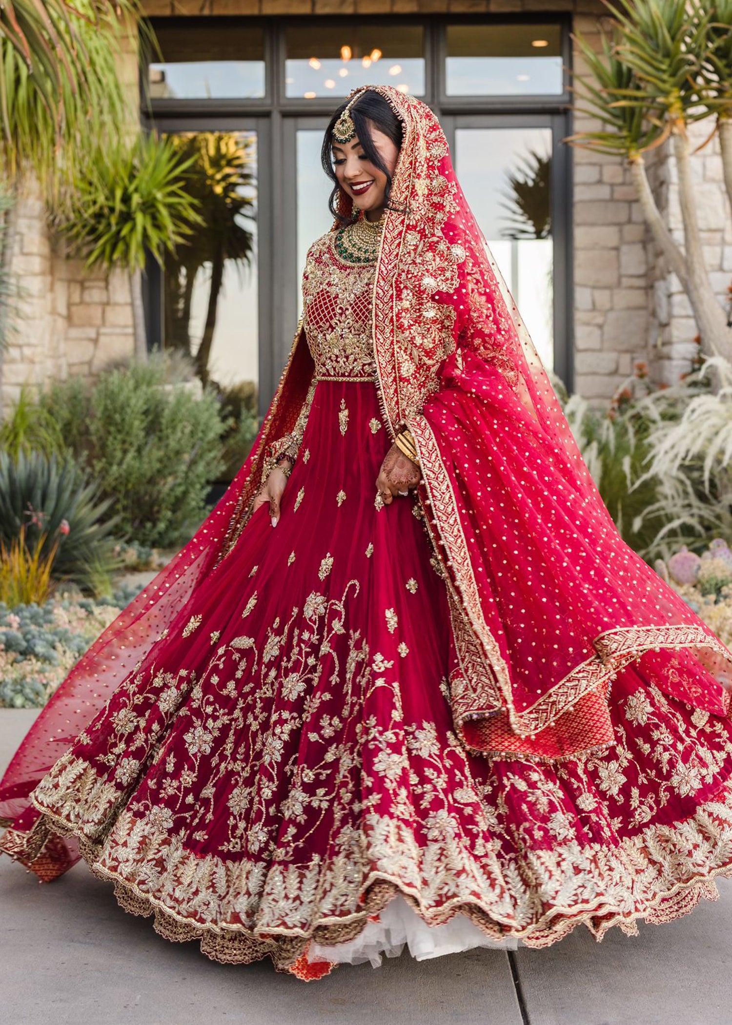 Pakistani Deep Red Embroidered Silk Bridal Lehenga (3-Piece) - Image 2