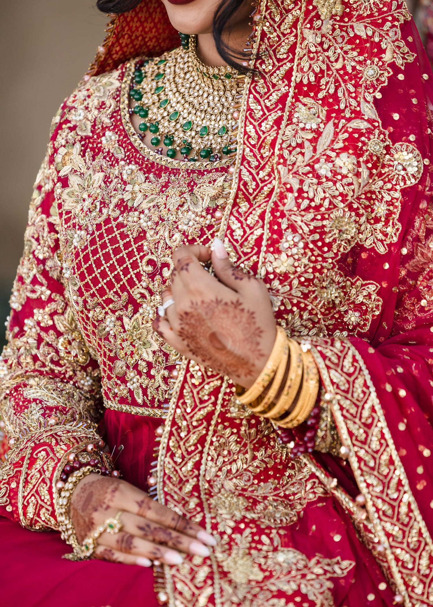 Pakistani Deep Red Embroidered Silk Bridal Lehenga (3-Piece) - Image 3