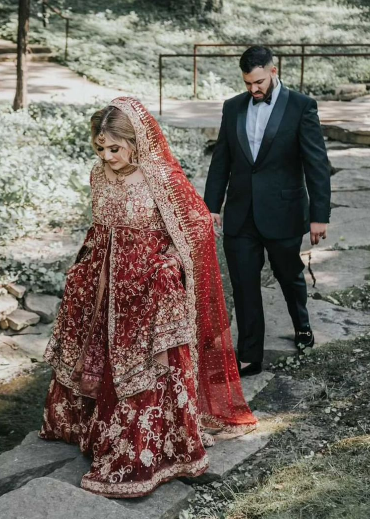 Deep Red Embroidered Net Silk Bridal Lehenga (3-Piece) - Image 1