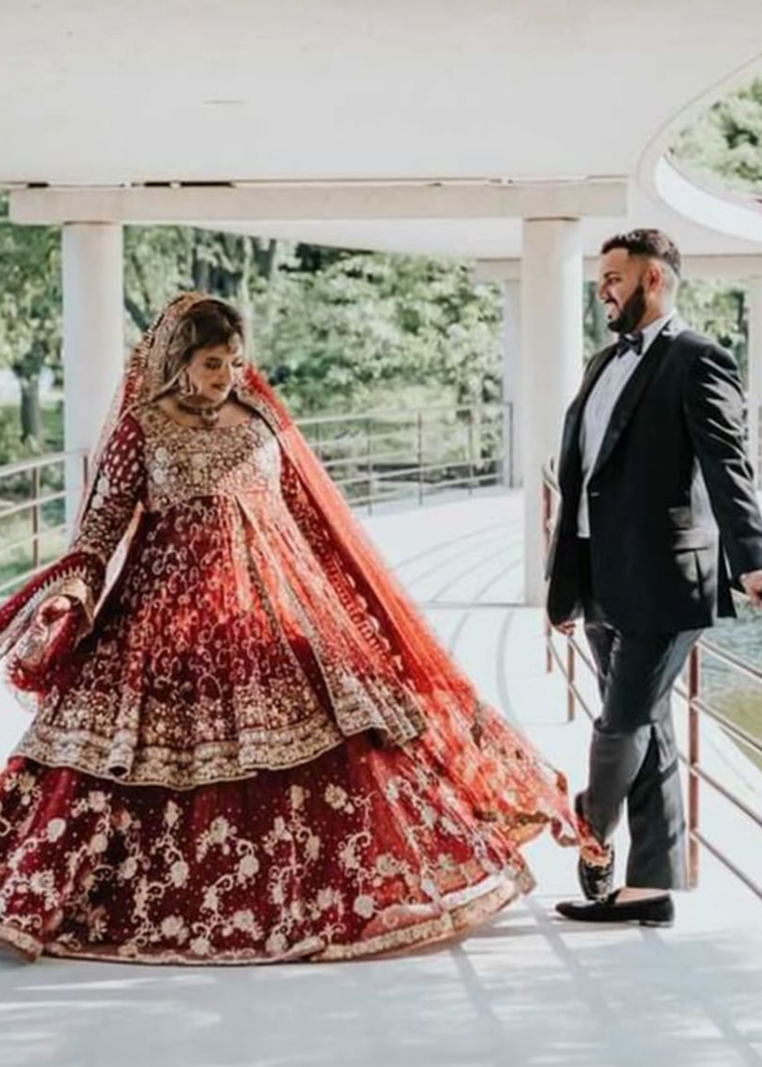 Deep Red Embroidered Net Silk Bridal Lehenga (3-Piece) - Image 2