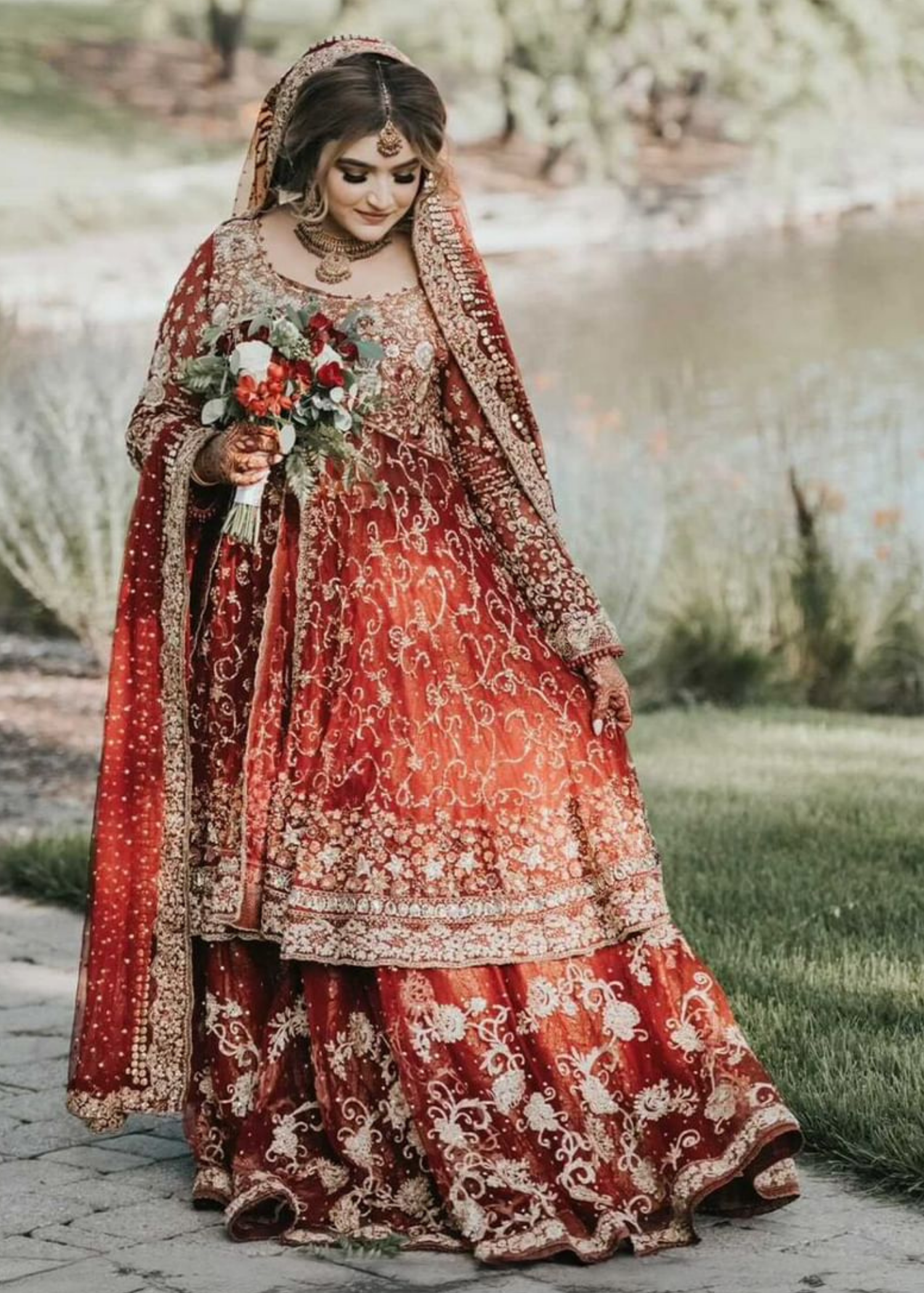 Deep Red Embroidered Net Silk Bridal Lehenga (3-Piece) - Image 6