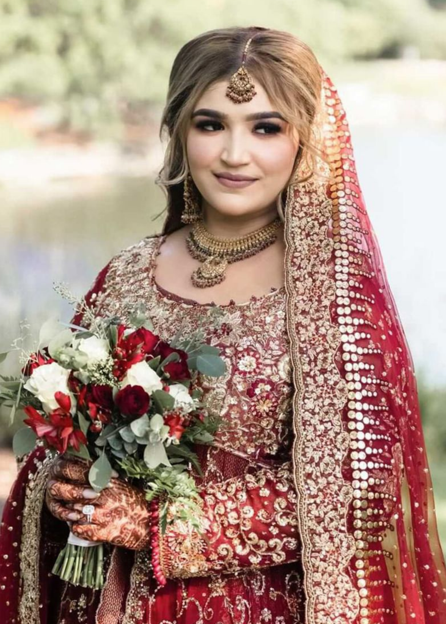 Deep Red Embroidered Net Silk Bridal Lehenga (3-Piece) - Image 7