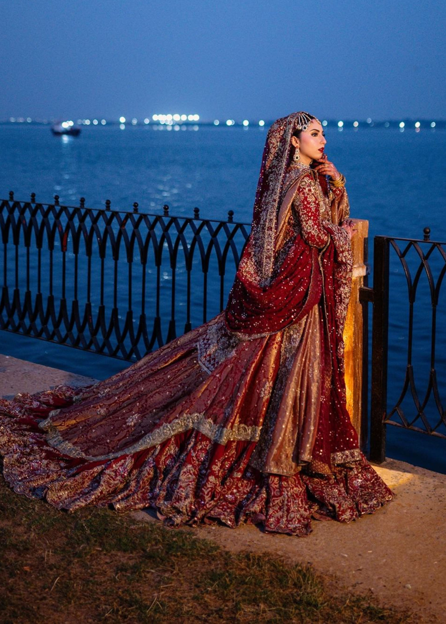 Pakistani Deep Red Gold Embroidered Silk Bridal Lehenga (3-Piece) - Image 1