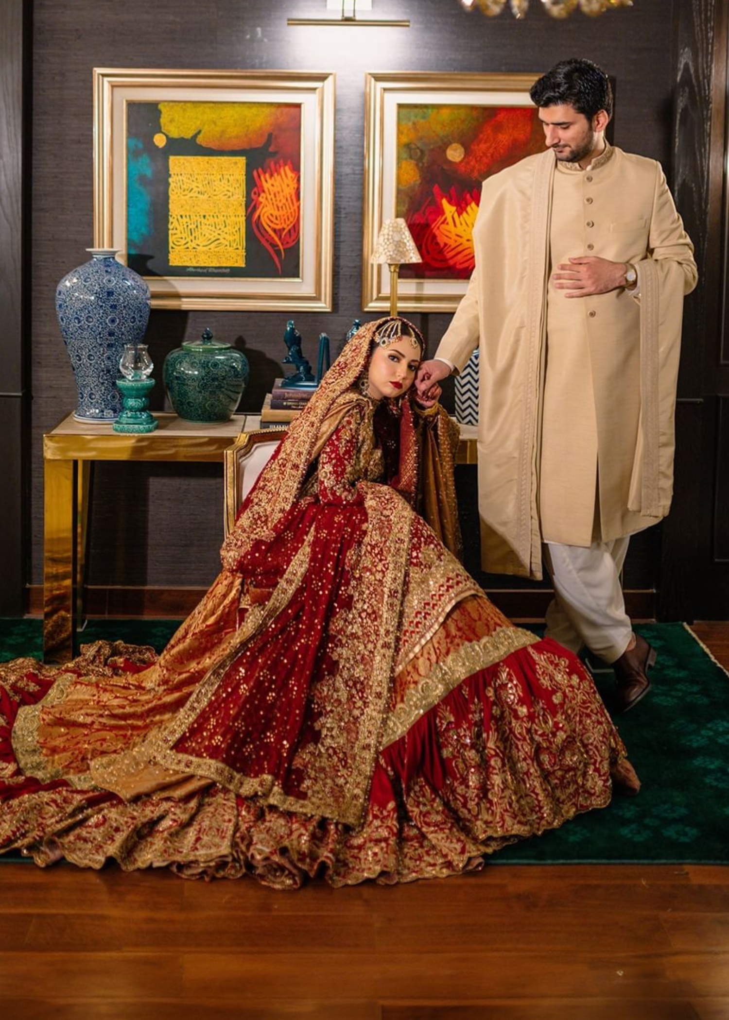 Pakistani Deep Red Gold Embroidered Silk Bridal Lehenga (3-Piece) - Image 2