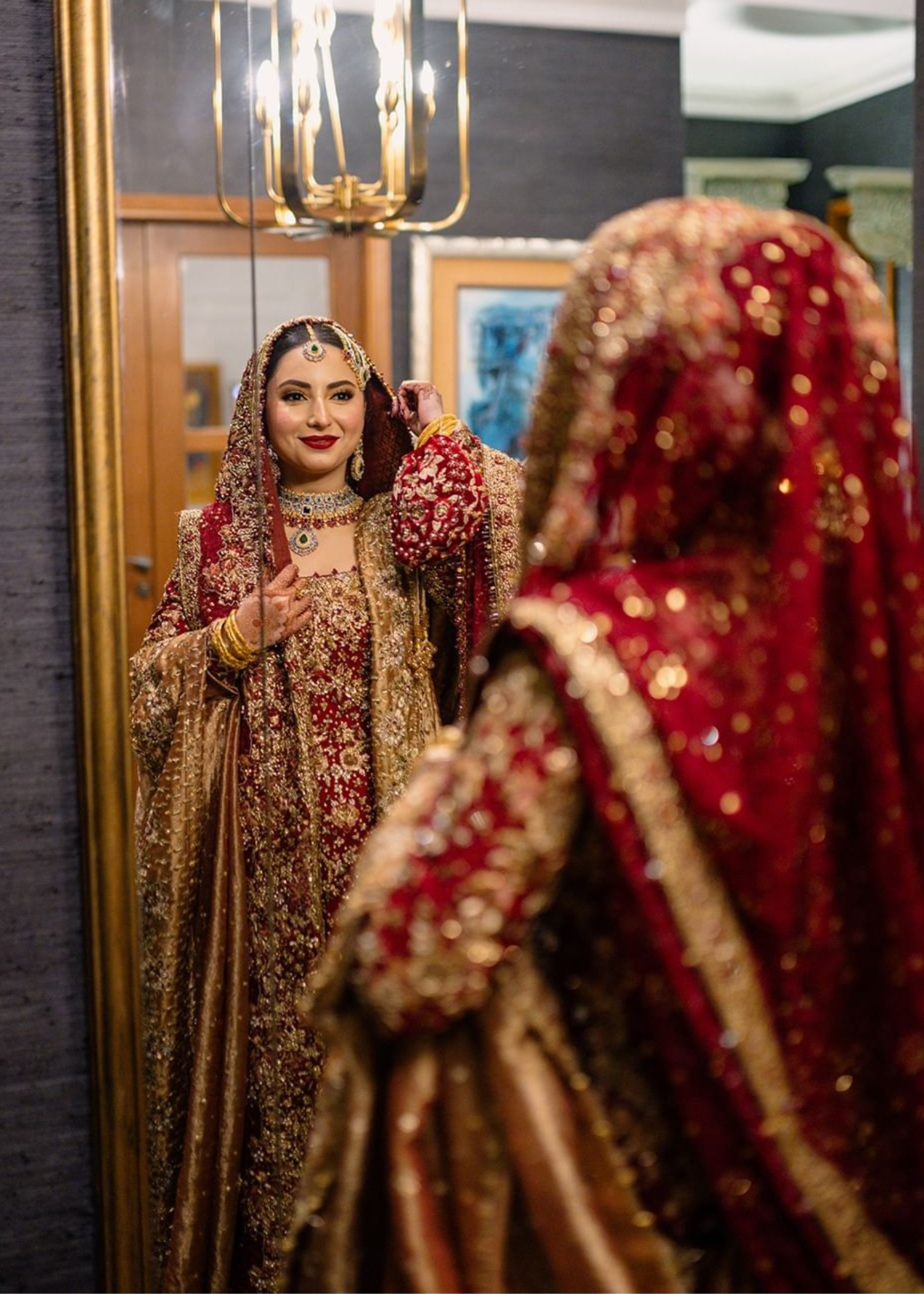 Pakistani Deep Red Gold Embroidered Silk Bridal Lehenga (3-Piece) - Image 3