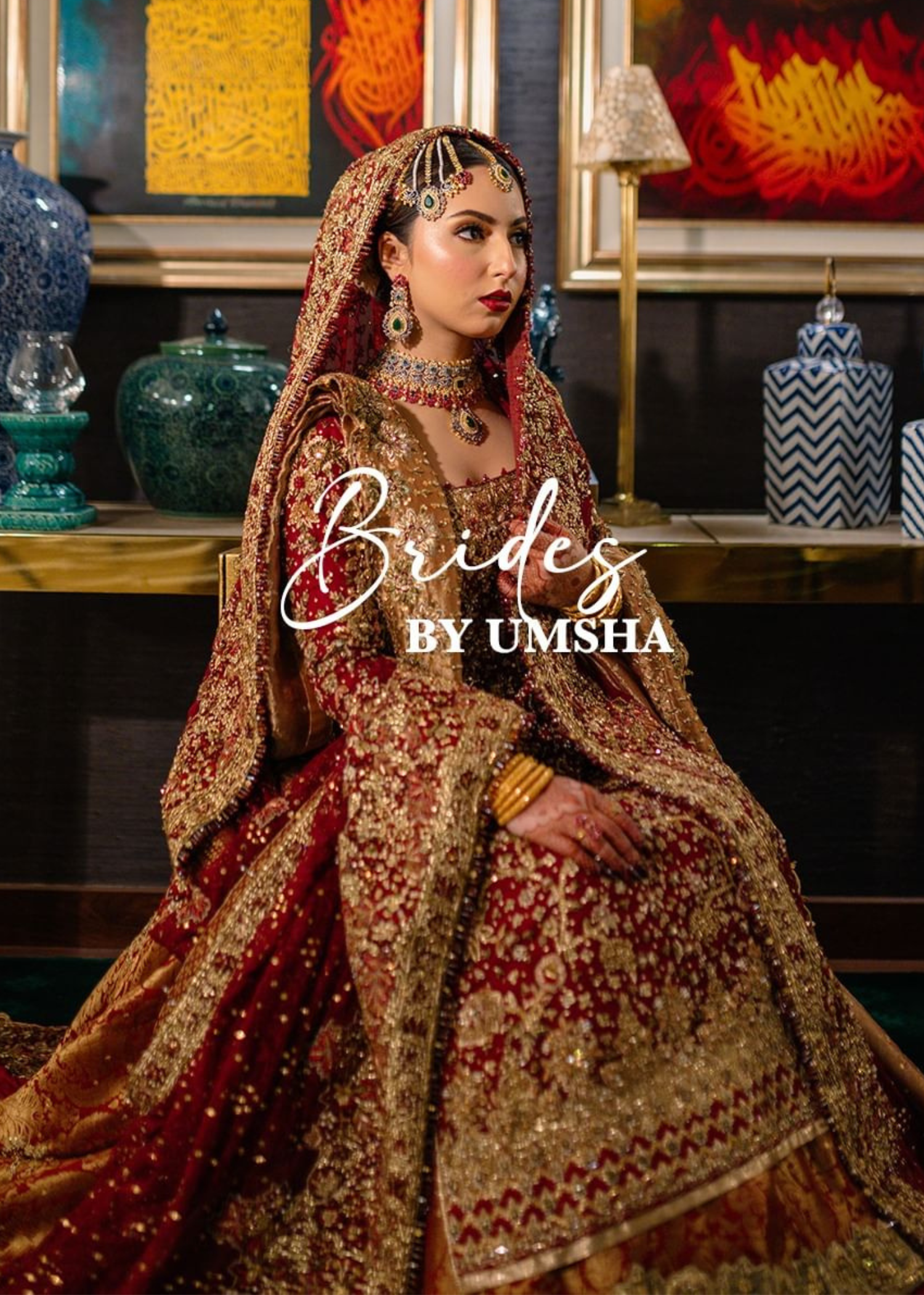 Pakistani Deep Red Gold Embroidered Silk Bridal Lehenga (3-Piece) - Image 4