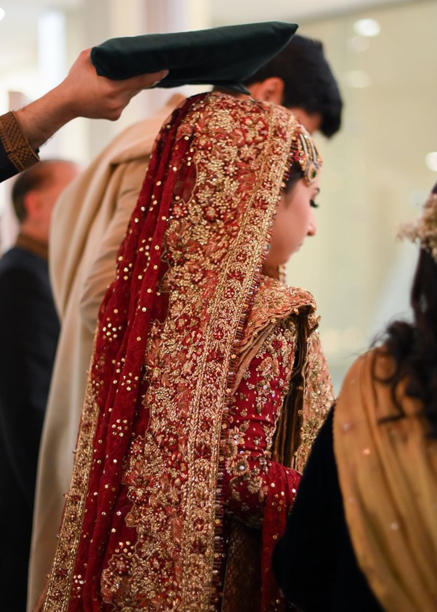 Pakistani Deep Red Gold Embroidered Silk Bridal Lehenga (3-Piece) - Image 5