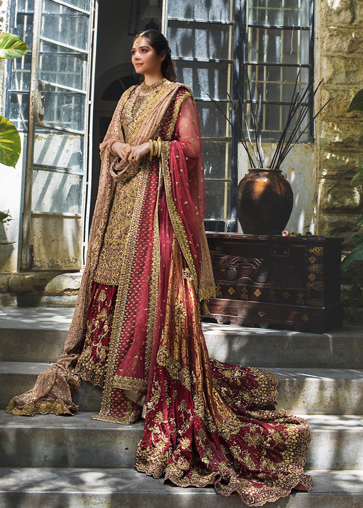 Pakistani Rose Gold & Strawberry Pink Silk Bridal Lehenga (3-Piece) - Image 1