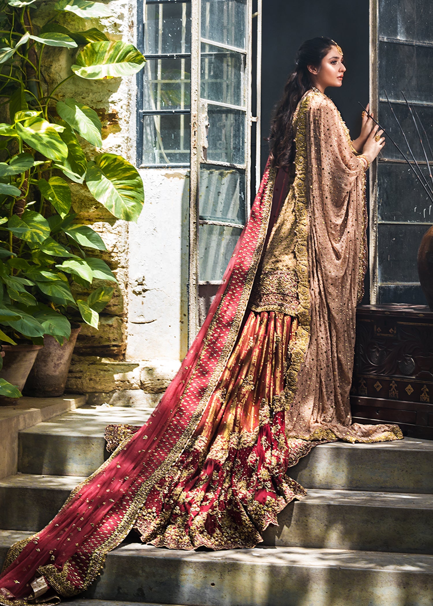 Pakistani Rose Gold & Strawberry Pink Silk Bridal Lehenga (3-Piece) - Image 2