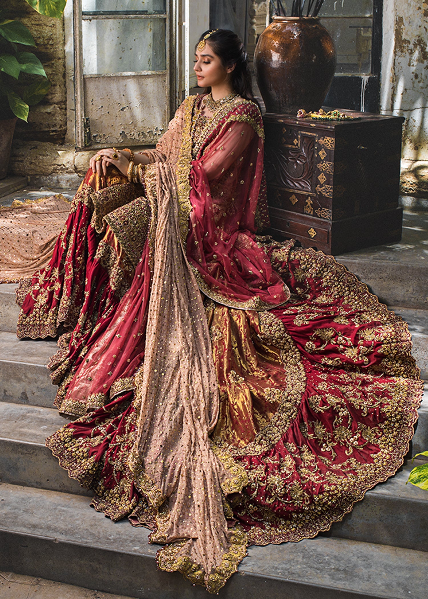 Pakistani Rose Gold & Strawberry Pink Silk Bridal Lehenga (3-Piece) - Image 3