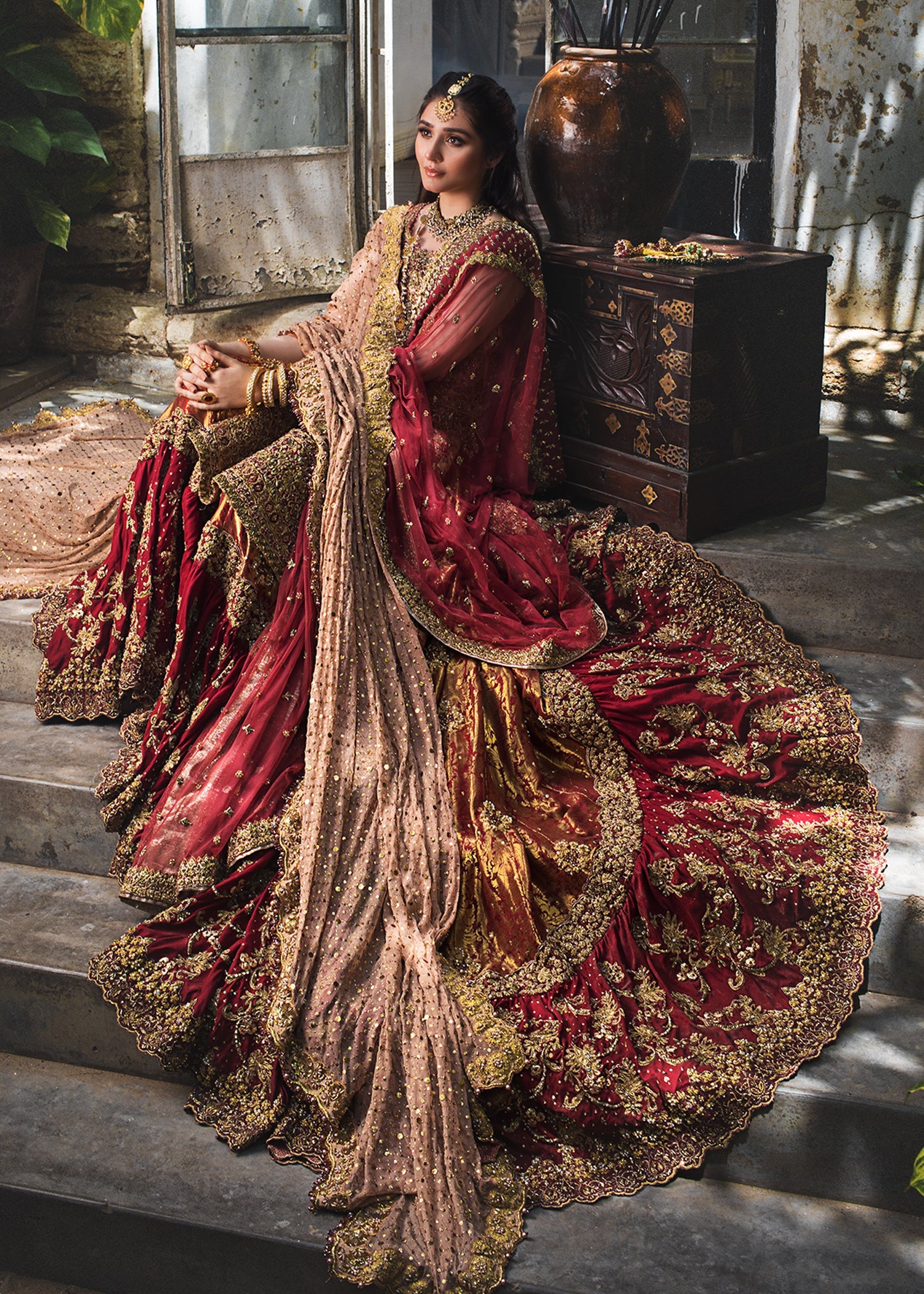 Pakistani Rose Gold & Strawberry Pink Silk Bridal Lehenga (3-Piece) - Image 4