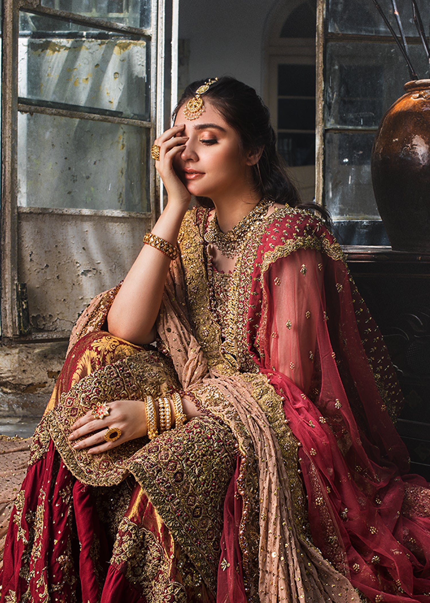 Pakistani Rose Gold & Strawberry Pink Silk Bridal Lehenga (3-Piece) - Image 5