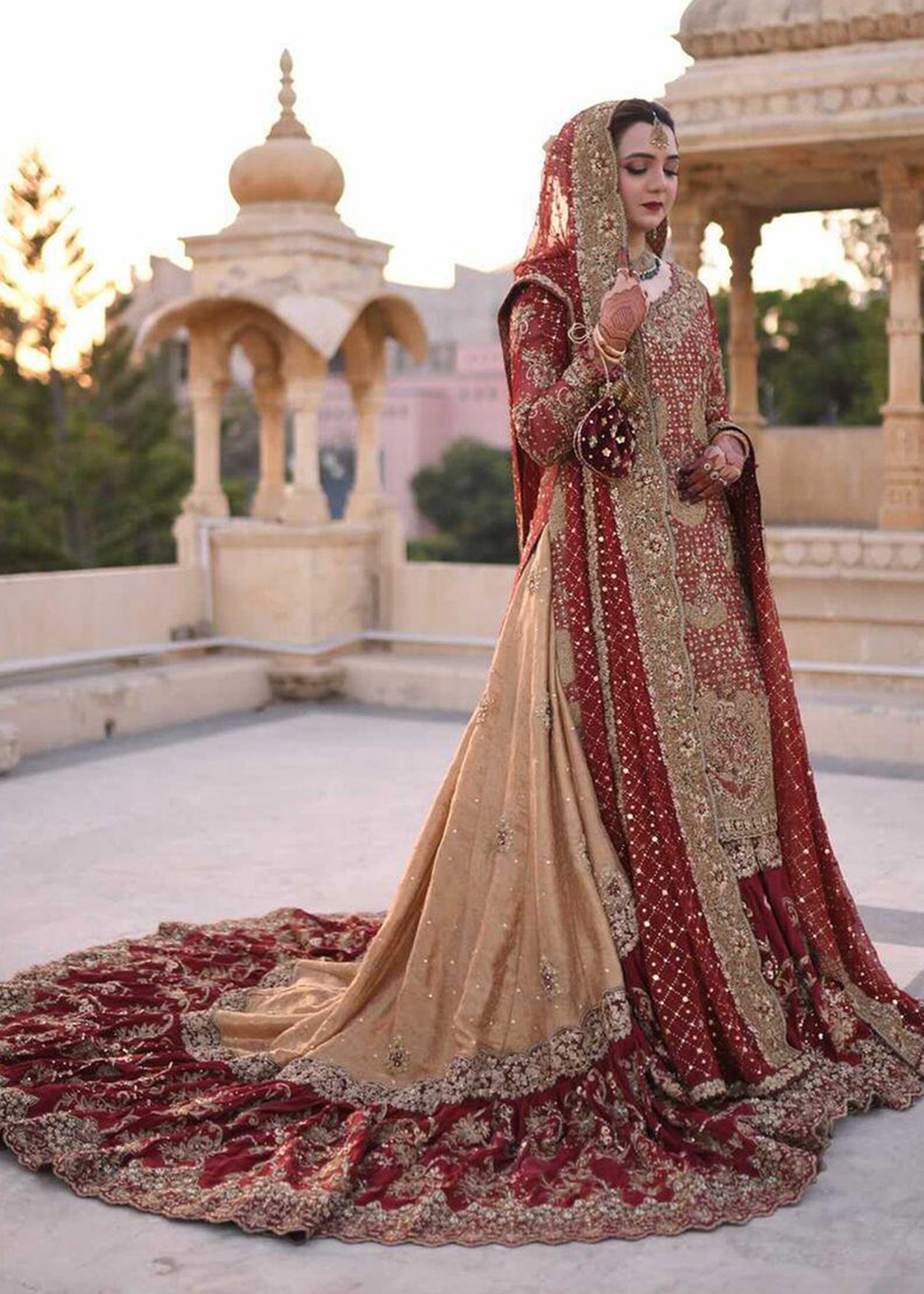 Pakistani Deep Red Gold Embellished Silk Bridal Lehenga (3-Piece) - Image 1