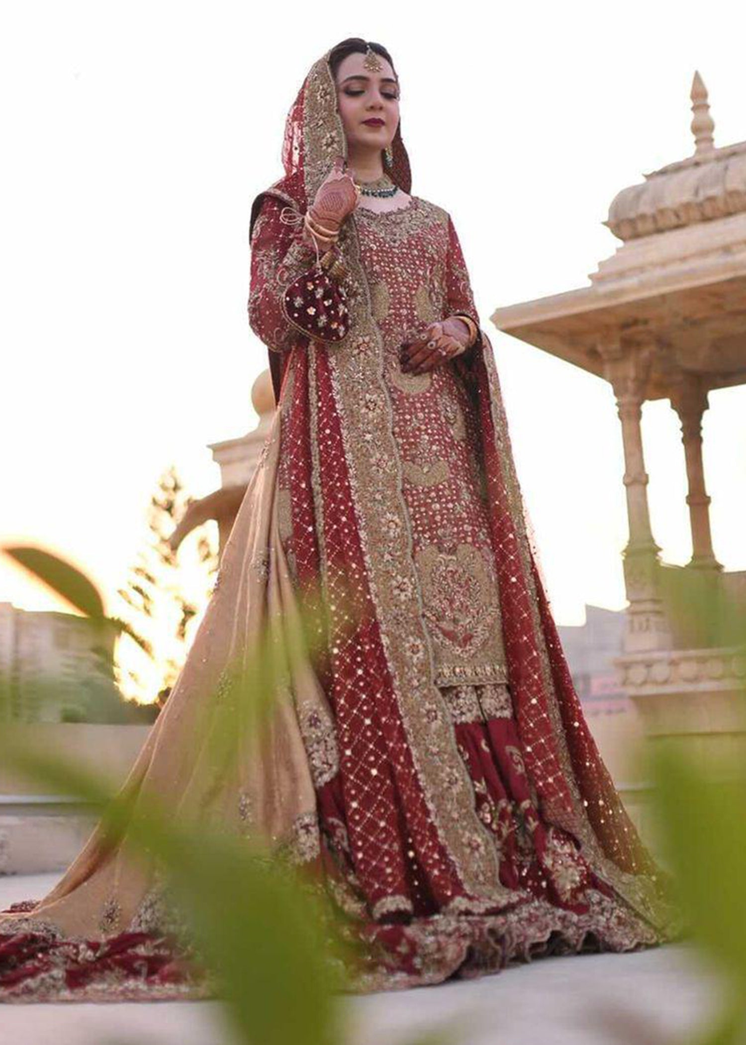 Pakistani Deep Red Gold Embellished Silk Bridal Lehenga (3-Piece) - Image 12