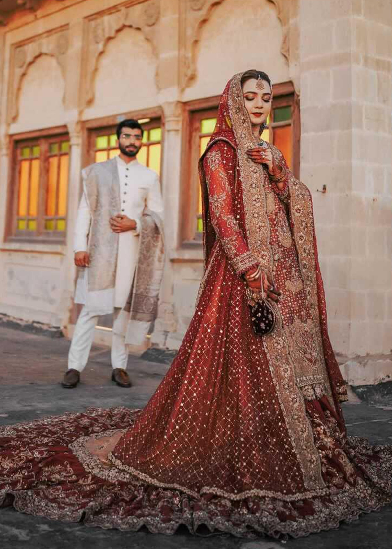 Pakistani Deep Red Gold Embellished Silk Bridal Lehenga (3-Piece) - Image 2