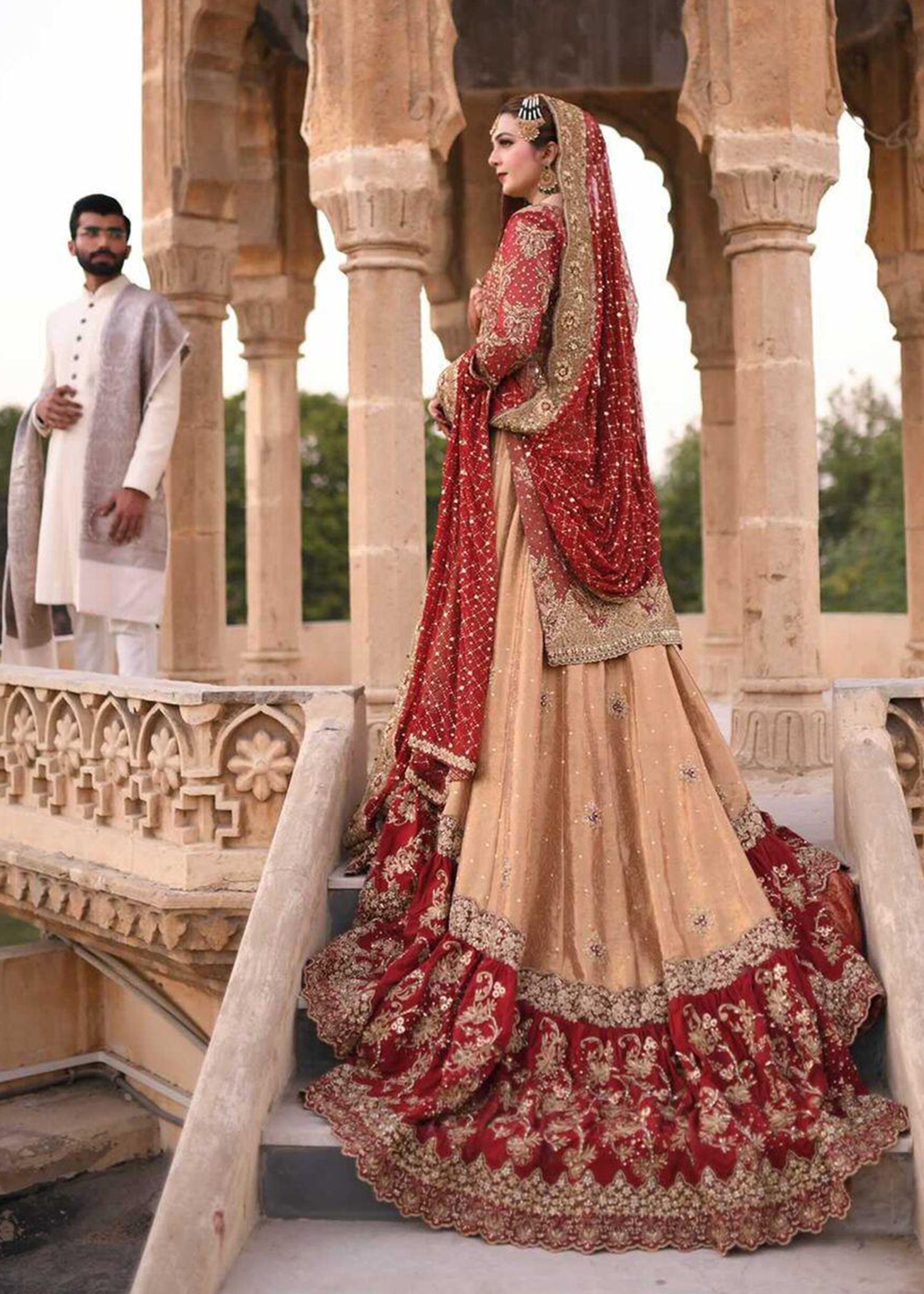 Pakistani Deep Red Gold Embellished Silk Bridal Lehenga (3-Piece) - Image 3