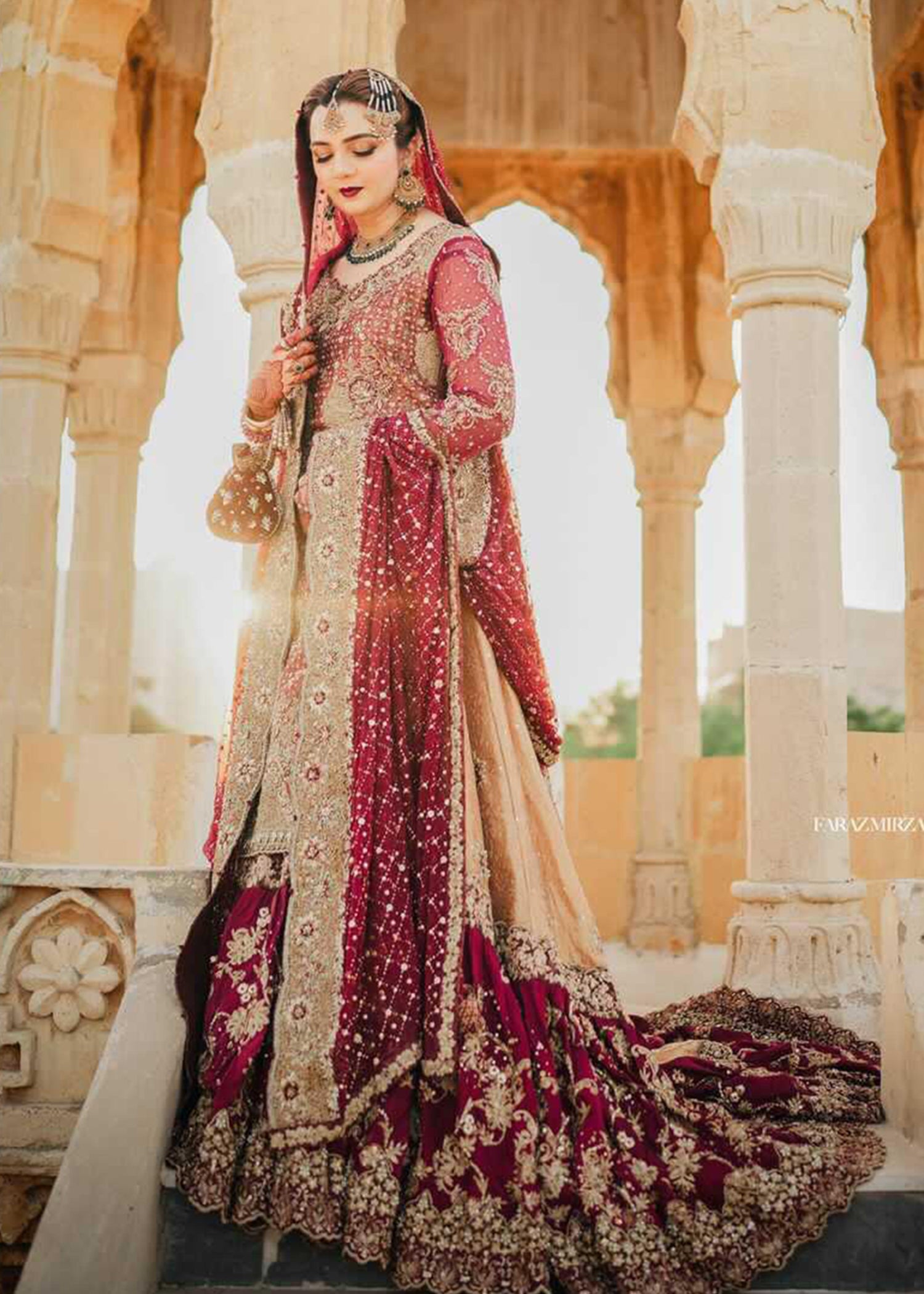 Pakistani Deep Red Gold Embellished Silk Bridal Lehenga (3-Piece) - Image 4