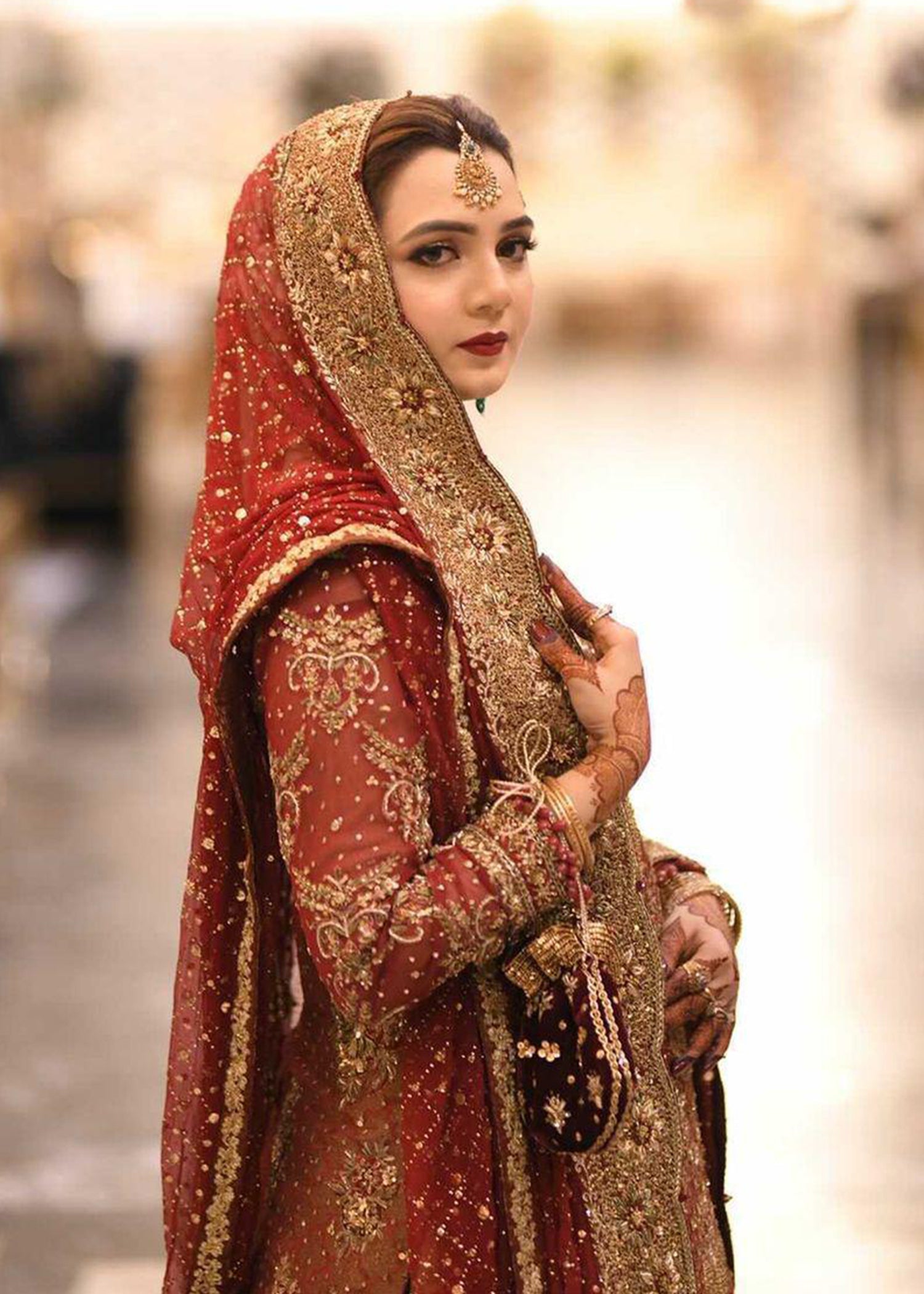 Pakistani Deep Red Gold Embellished Silk Bridal Lehenga (3-Piece) - Image 5