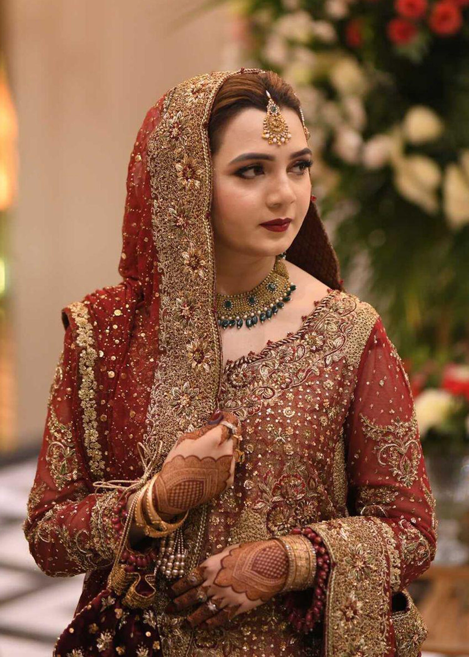 Pakistani Deep Red Gold Embellished Silk Bridal Lehenga (3-Piece) - Image 6