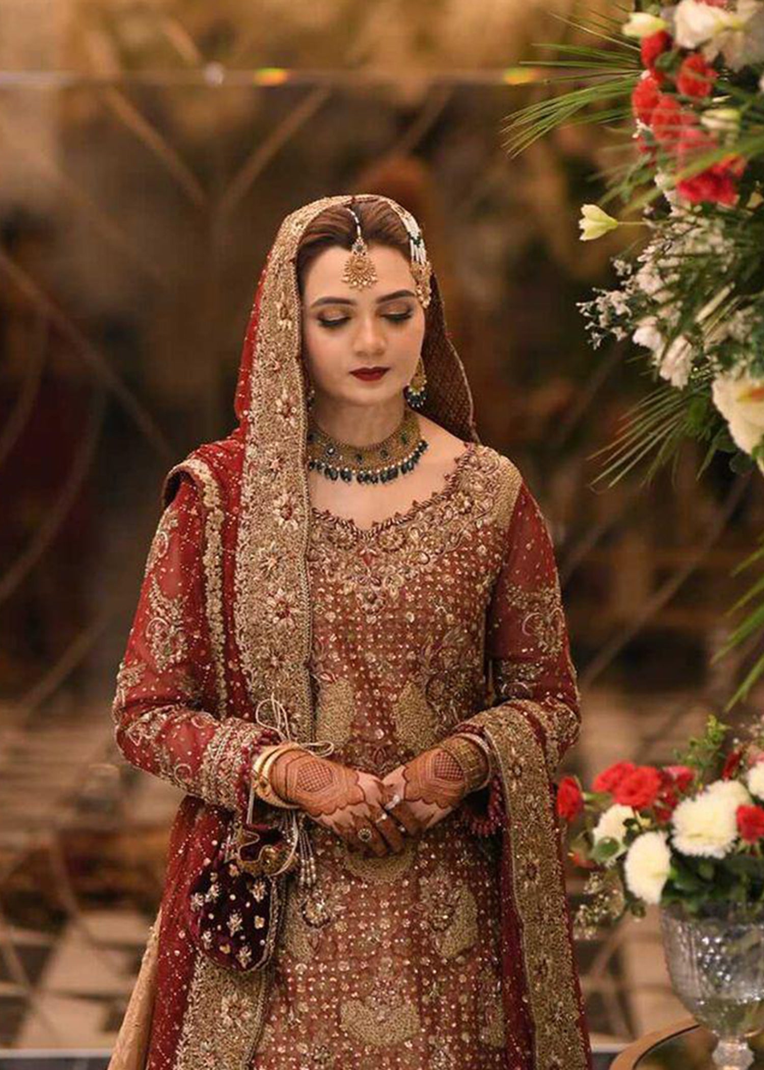 Pakistani Deep Red Gold Embellished Silk Bridal Lehenga (3-Piece) - Image 7