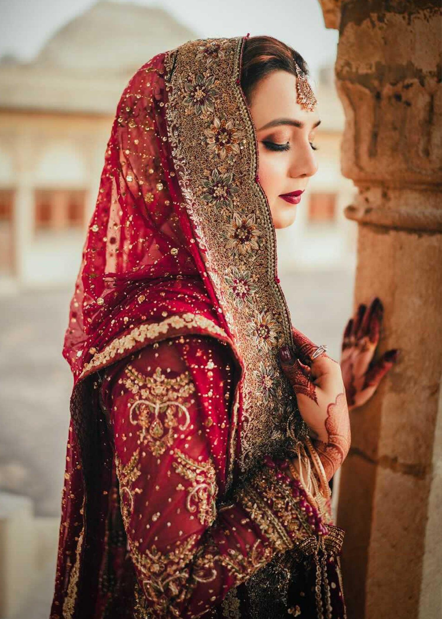 Pakistani Deep Red Gold Embellished Silk Bridal Lehenga (3-Piece) - Image 8