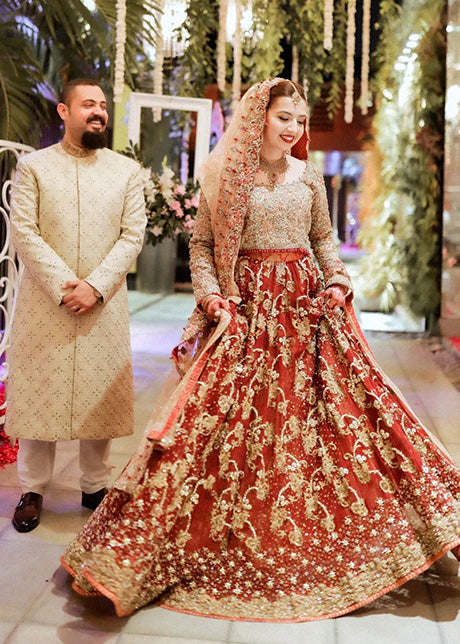 Deep Red Gold Embroidered Silk Bridal Lehenga (3-Piece) - Image 1