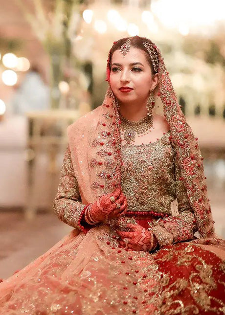 Deep Red Gold Embroidered Silk Bridal Lehenga (3-Piece) - Image 2