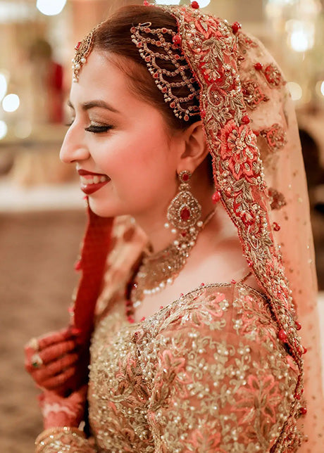 Deep Red Gold Embroidered Silk Bridal Lehenga (3-Piece) - Image 4