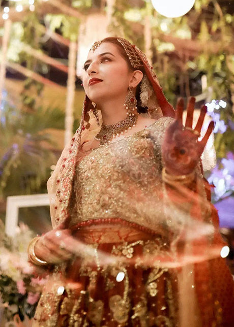 Deep Red Gold Embroidered Silk Bridal Lehenga (3-Piece) - Image 5