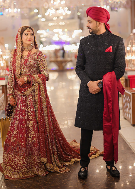 Pakistani Deep Red Embroidered Silk Bridal Lehenga (3-Piece) - Image 1