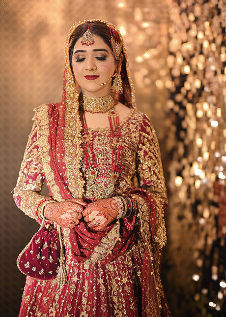 Pakistani Deep Red Embroidered Silk Bridal Lehenga (3-Piece) - Image 10