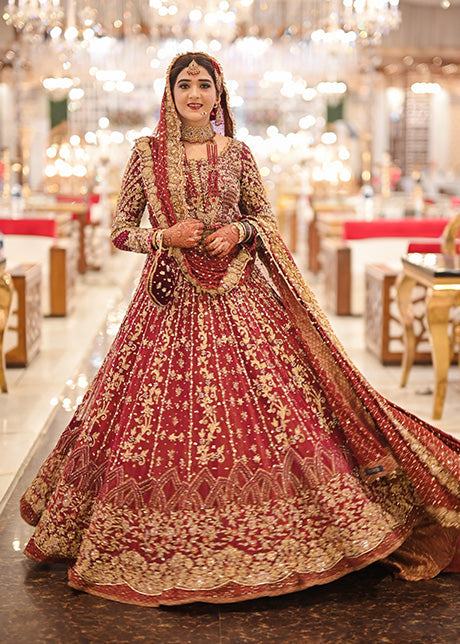 Pakistani Deep Red Embroidered Silk Bridal Lehenga (3-Piece) - Image 11