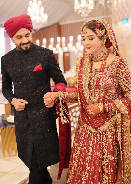 Pakistani Deep Red Embroidered Silk Bridal Lehenga (3-Piece) - Image 12