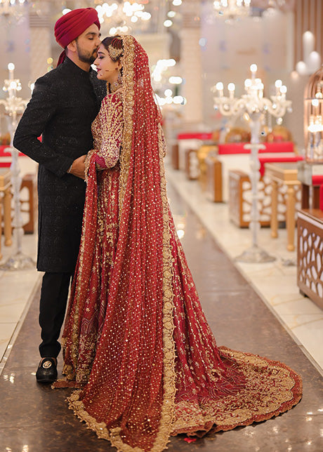 Pakistani Deep Red Embroidered Silk Bridal Lehenga (3-Piece) - Image 13