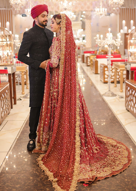 Pakistani Deep Red Embroidered Silk Bridal Lehenga (3-Piece) - Image 2