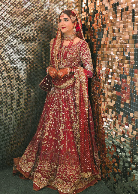 Pakistani Deep Red Embroidered Silk Bridal Lehenga (3-Piece) - Image 3