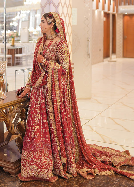 Pakistani Deep Red Embroidered Silk Bridal Lehenga (3-Piece) - Image 4