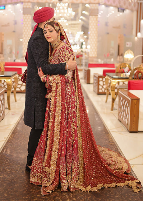 Pakistani Deep Red Embroidered Silk Bridal Lehenga (3-Piece) - Image 5